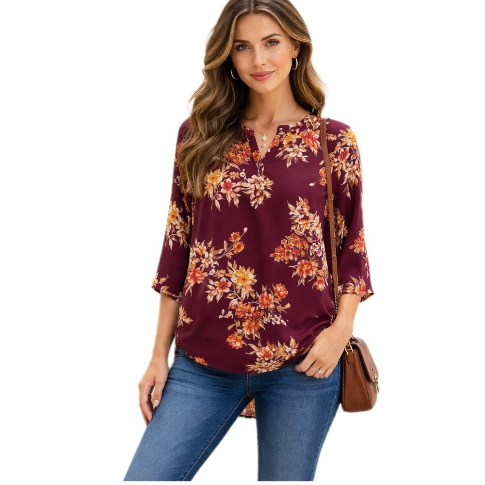 Daniel Rainn Split Neck Blouse Burgundy/Orange Floral Roll Tab Sleeve​ Size PXS